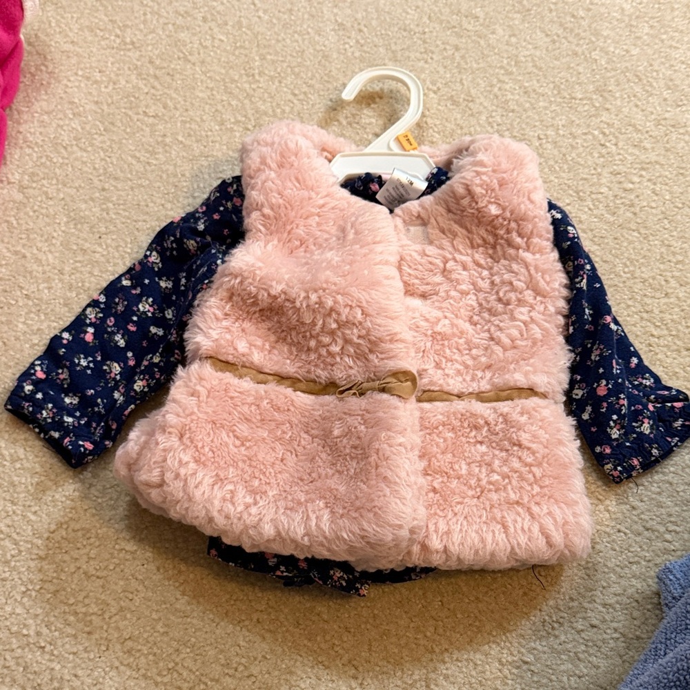 Little Lass Pink Furry Vest with Floral Sleeves